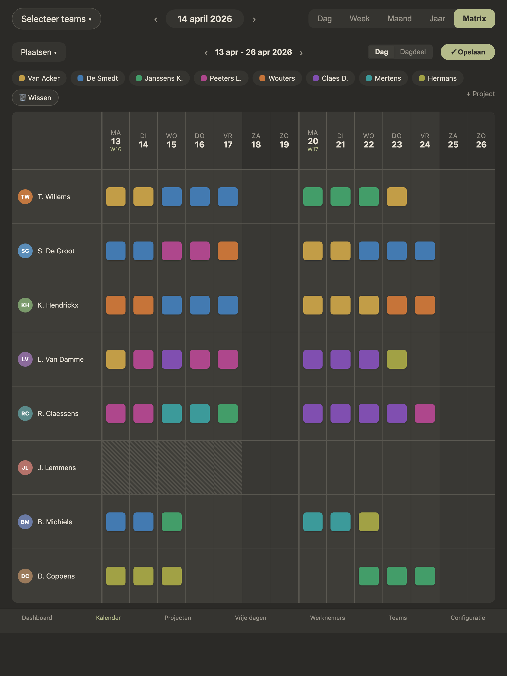 Matrixplanning in dag-modus